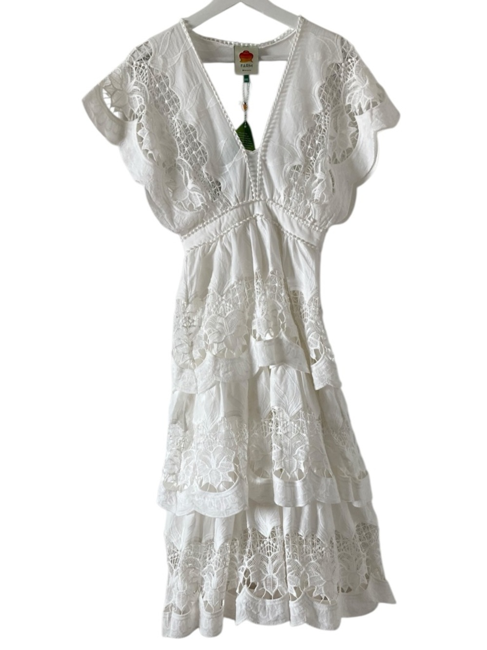 Farm Rio Richelieu embroidered tiered midi lace dress - Picture 3 of 10